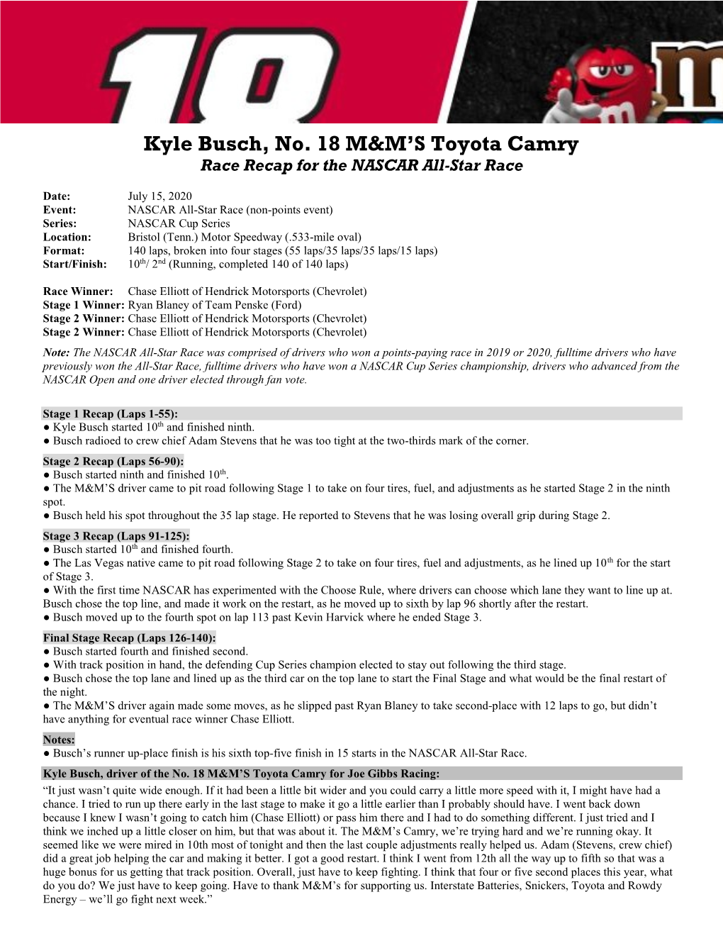 Kyle Busch, No. 18 M&M's Toyota Camry