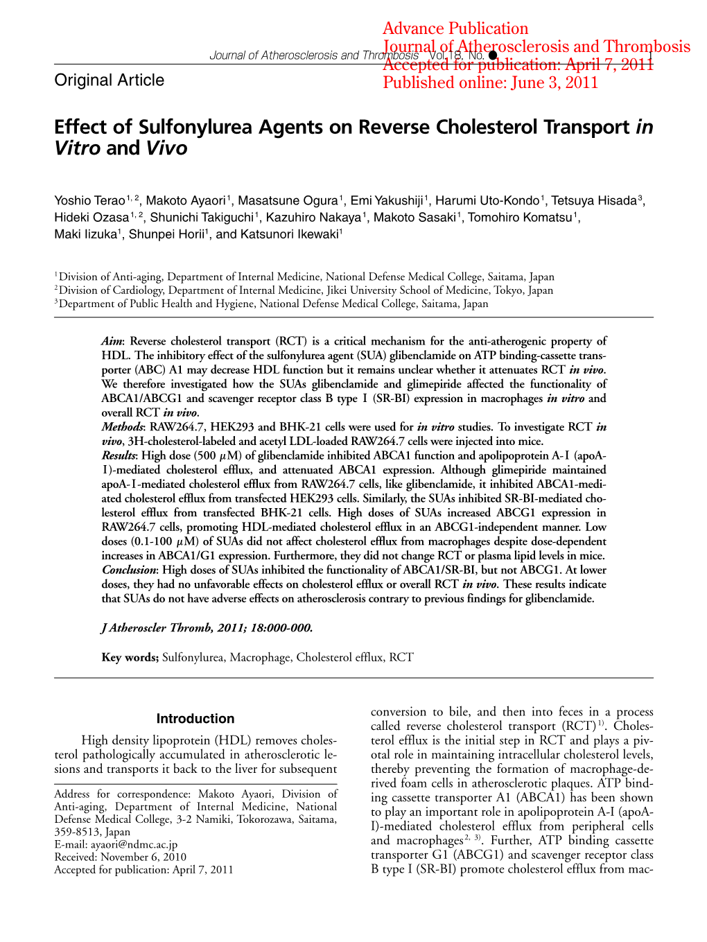 Effect of Sulfonylurea Agents on Reverse Cholesterol Transport in Vitro and Vivo