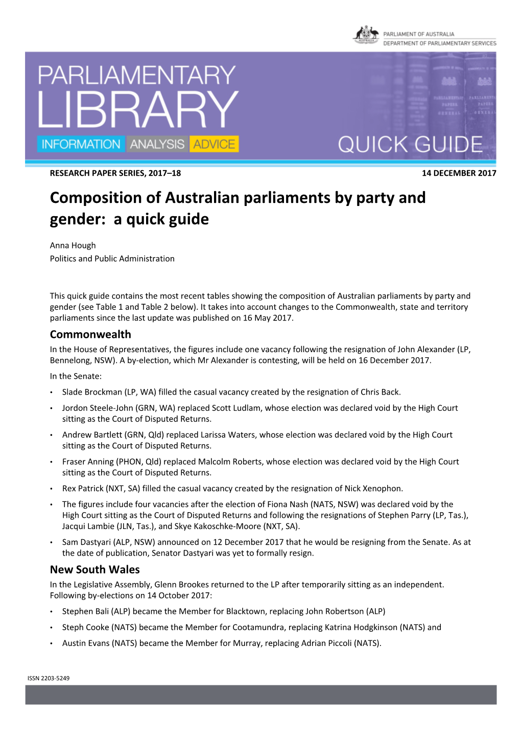 Composition of Australian Parliaments by Party and Gender: a Quick Guide