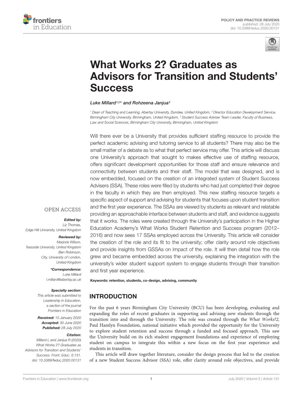 What Works 2? Graduates As Advisors for Transition and Students’ Success