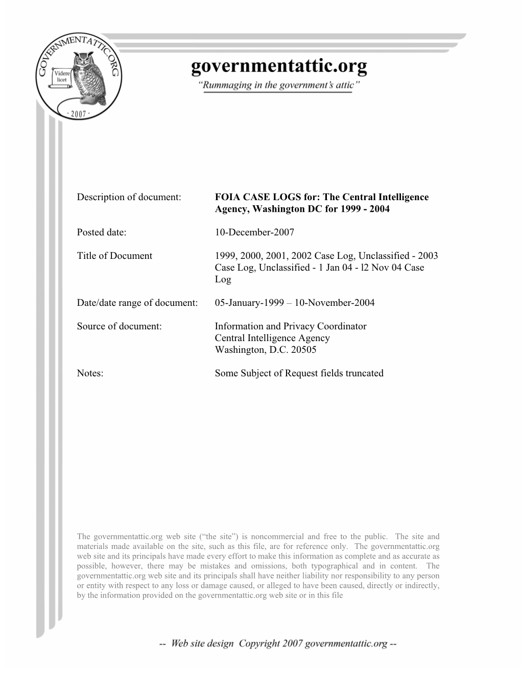 FOIA Logs for Central Intelligence Agency (CIA) for 1999-2004