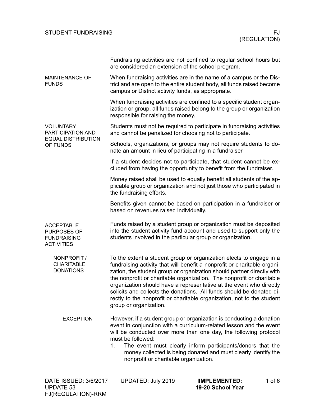 STUDENT FUNDRAISING FJ (REGULATION) Fundraising