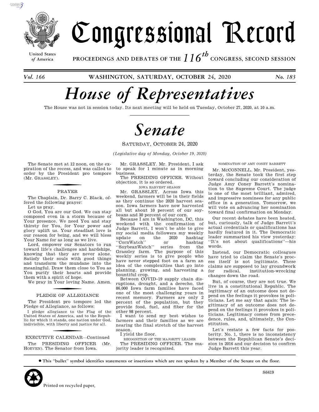 Congressional Record United States Th of America PROCEEDINGS and DEBATES of the 116 CONGRESS, SECOND SESSION
