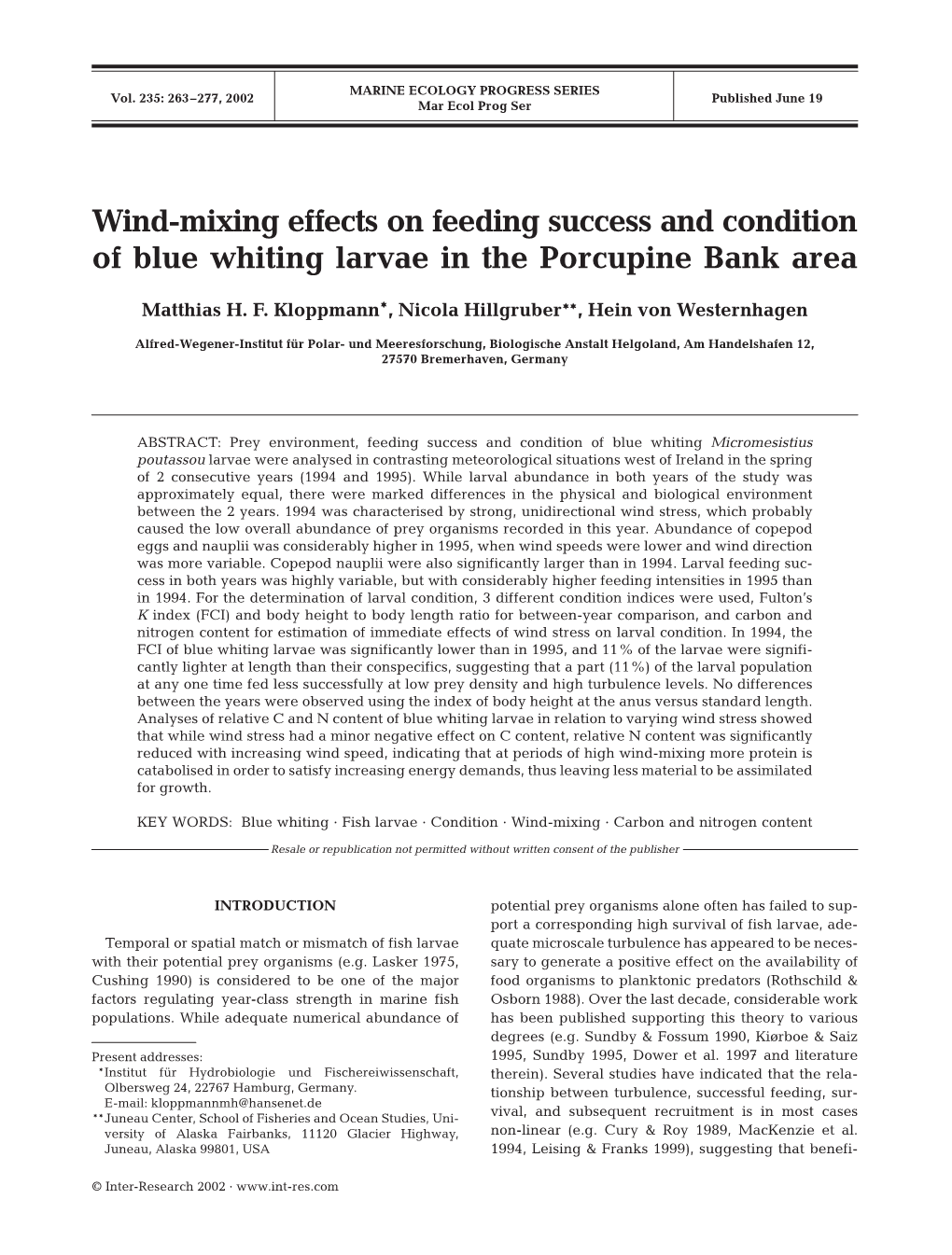 Wind-Mixing Effects on Feeding Success and Condition of Blue Whiting Larvae in the Porcupine Bank Area