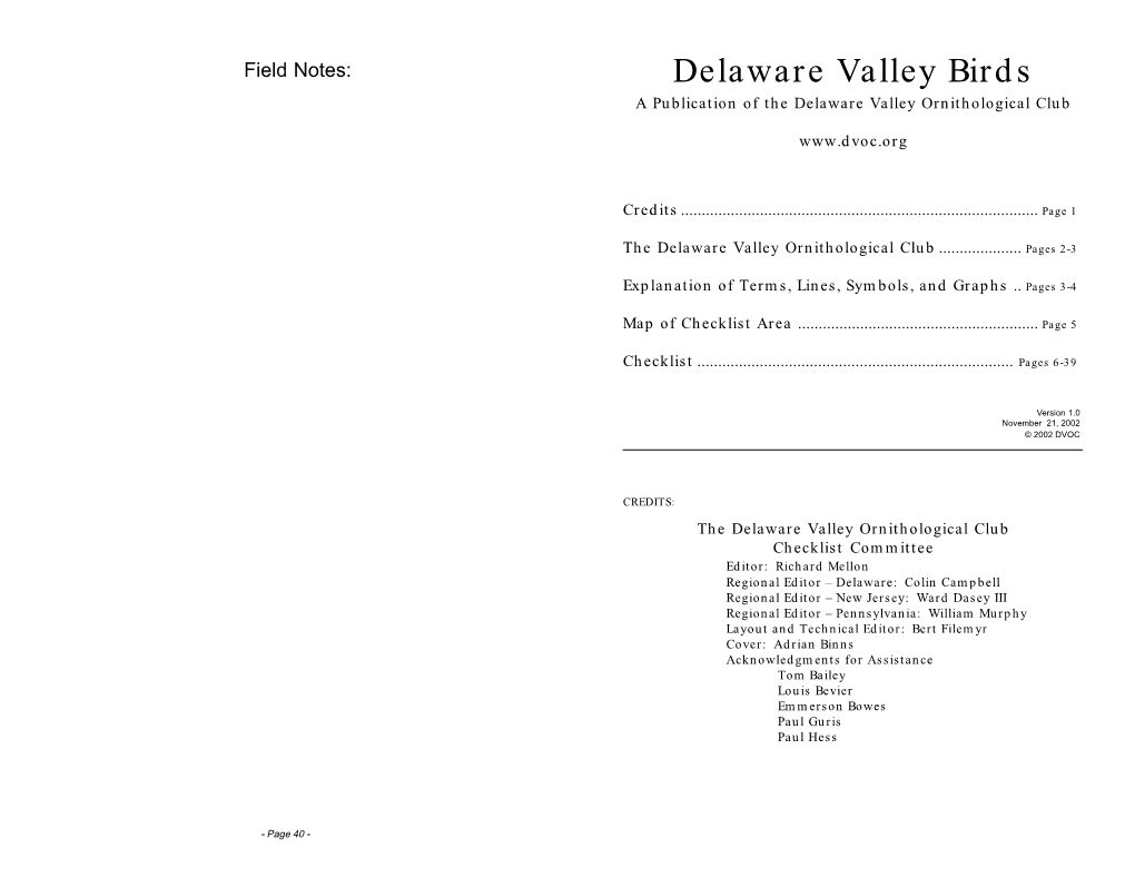 Delaware Valley Birds a Publication of the Delaware Valley Ornithological Club
