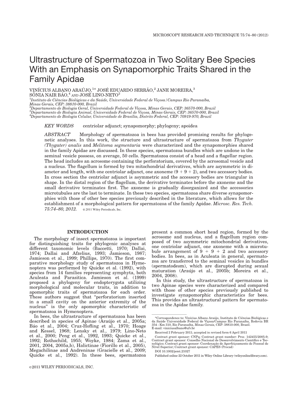 Ultrastructure of Spermatozoa in Two Solitary Bee Species with an Emphasis on Synapomorphic Traits Shared in the Family Apidae