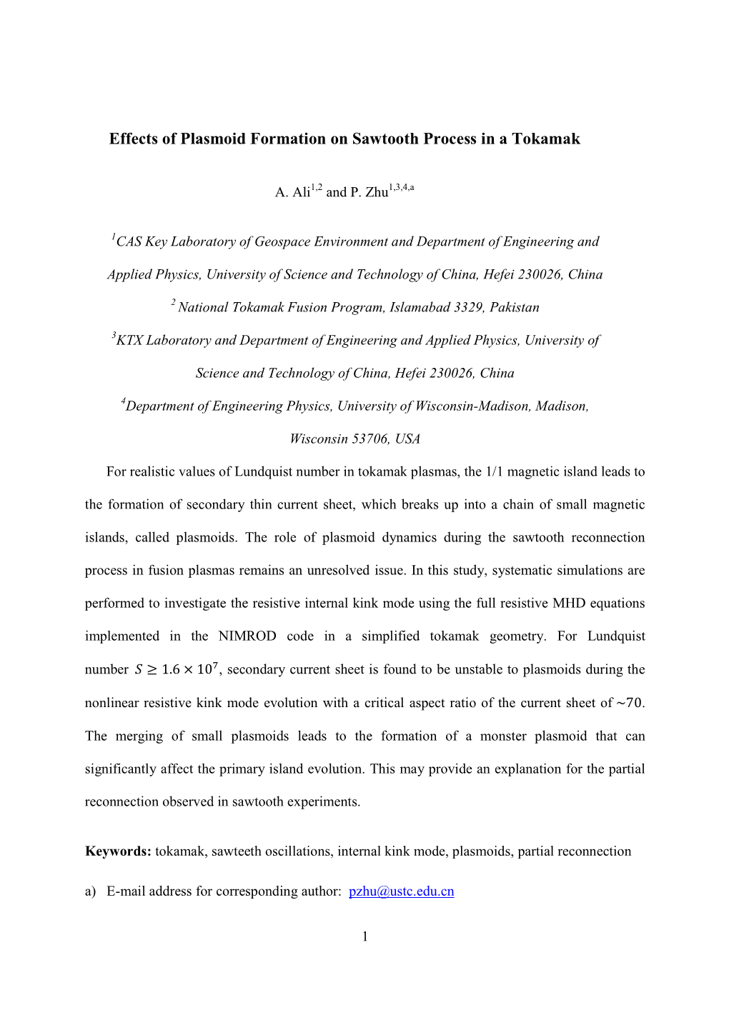 Effects of Plasmoid Formation on Sawtooth Process in a Tokamak