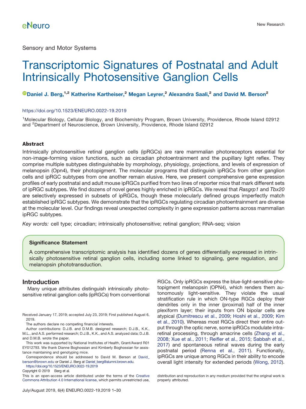 Transcriptomic Signatures of Postnatal and Adult Intrinsically Photosensitive Ganglion Cells