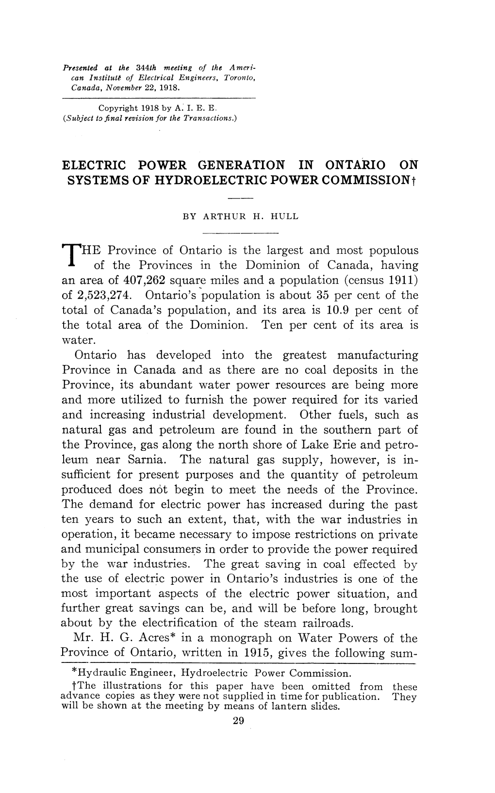 Electric Power Generation in Ontario on Systems of Hydroelectric Power Commission!