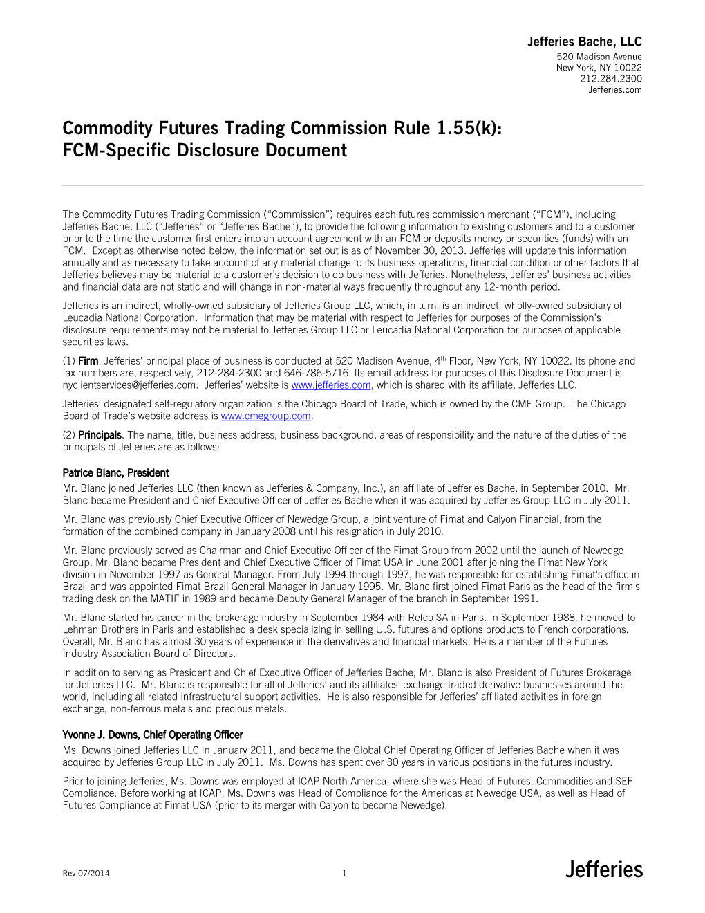 Commodity Futures Trading Commission Rule 1.55(K): FCM-Specific Disclosure Document