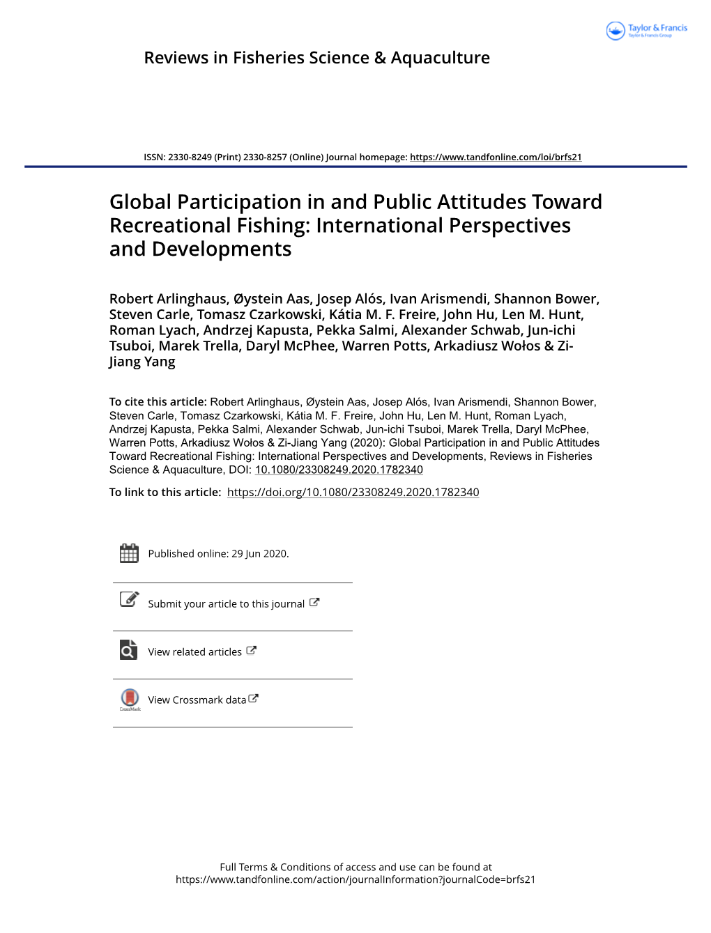 Global Participation in and Public Attitudes Toward Recreational Fishing: International Perspectives and Developments