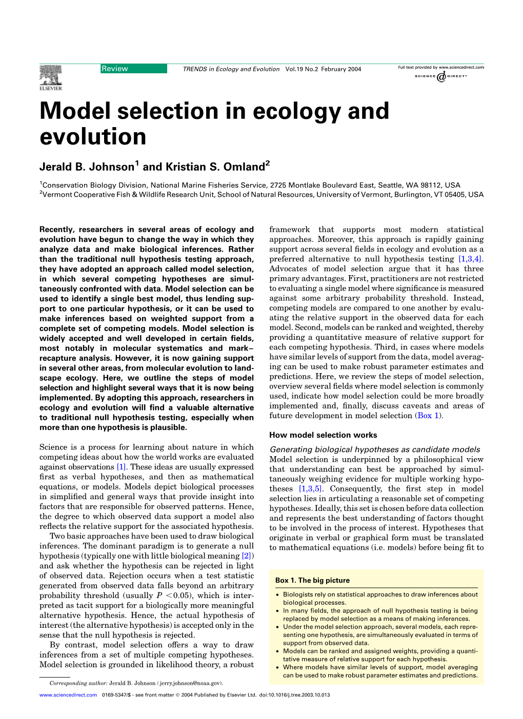 Model Selection in Ecology and Evolution