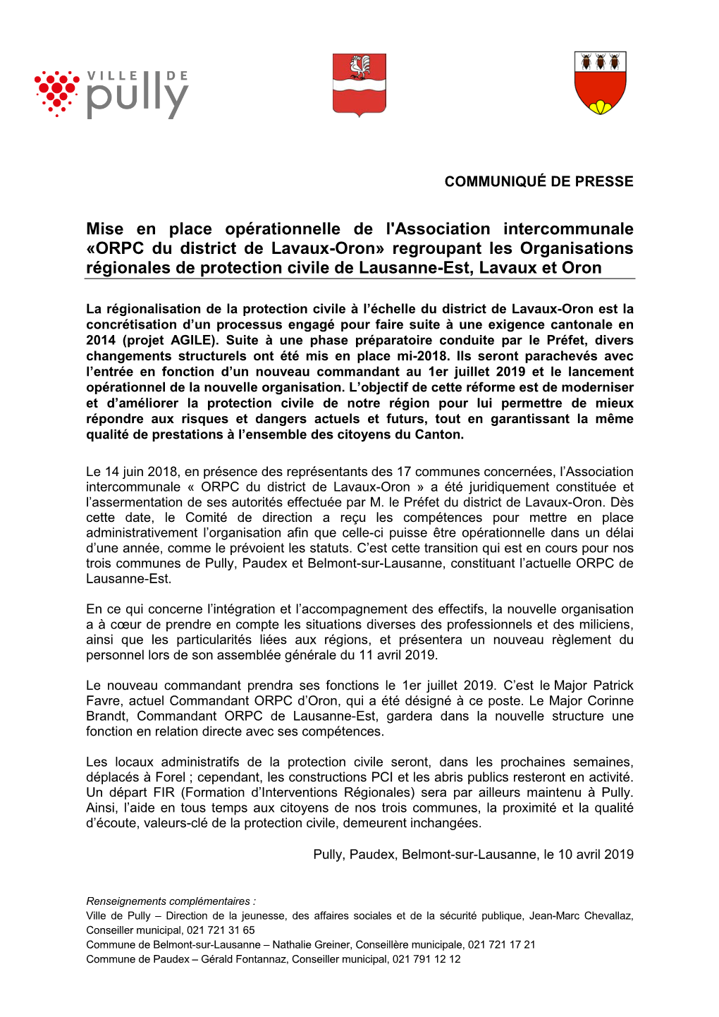 ORPC Du District De Lavaux-Oron» Regroupant Les Organisations Régionales De Protection Civile De Lausanne-Est, Lavaux Et Oron