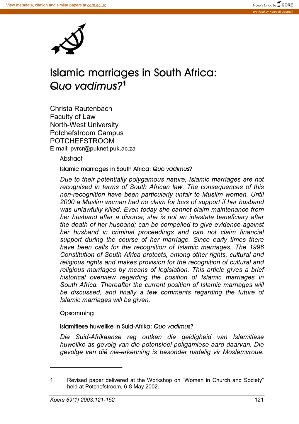 Islamic Marriages in South Africa: Quo Vadimus?1