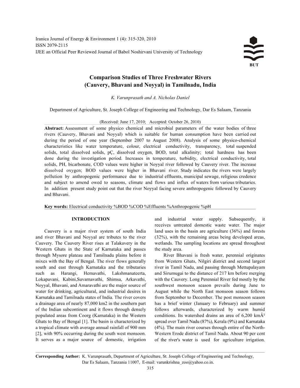 Comparison Studies of Three Freshwater Rivers(Cauvery