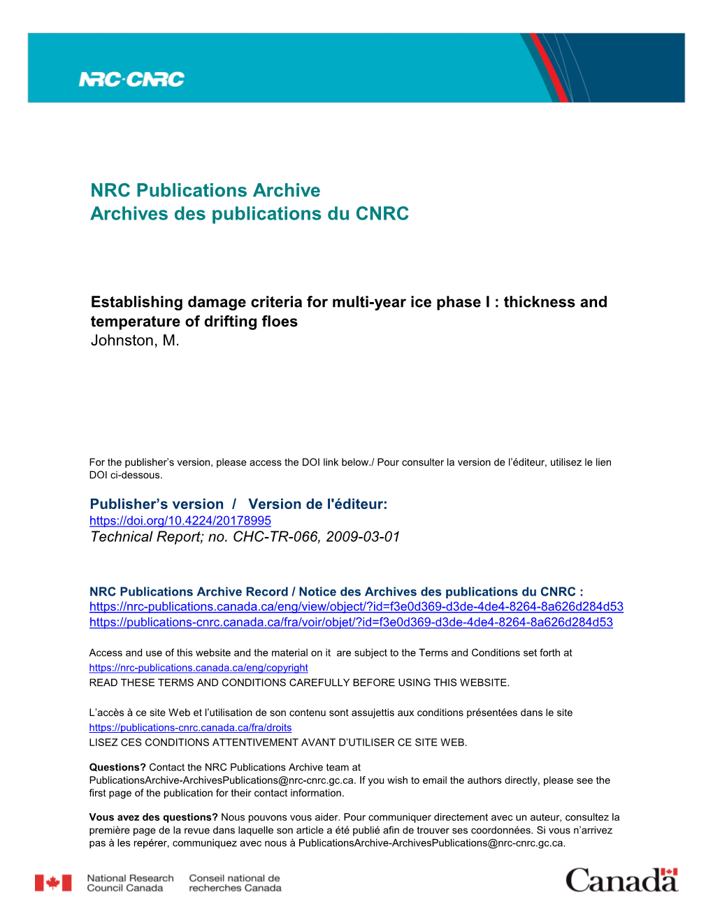 Thickness and Temperature of Drifting Floes Johnston, M