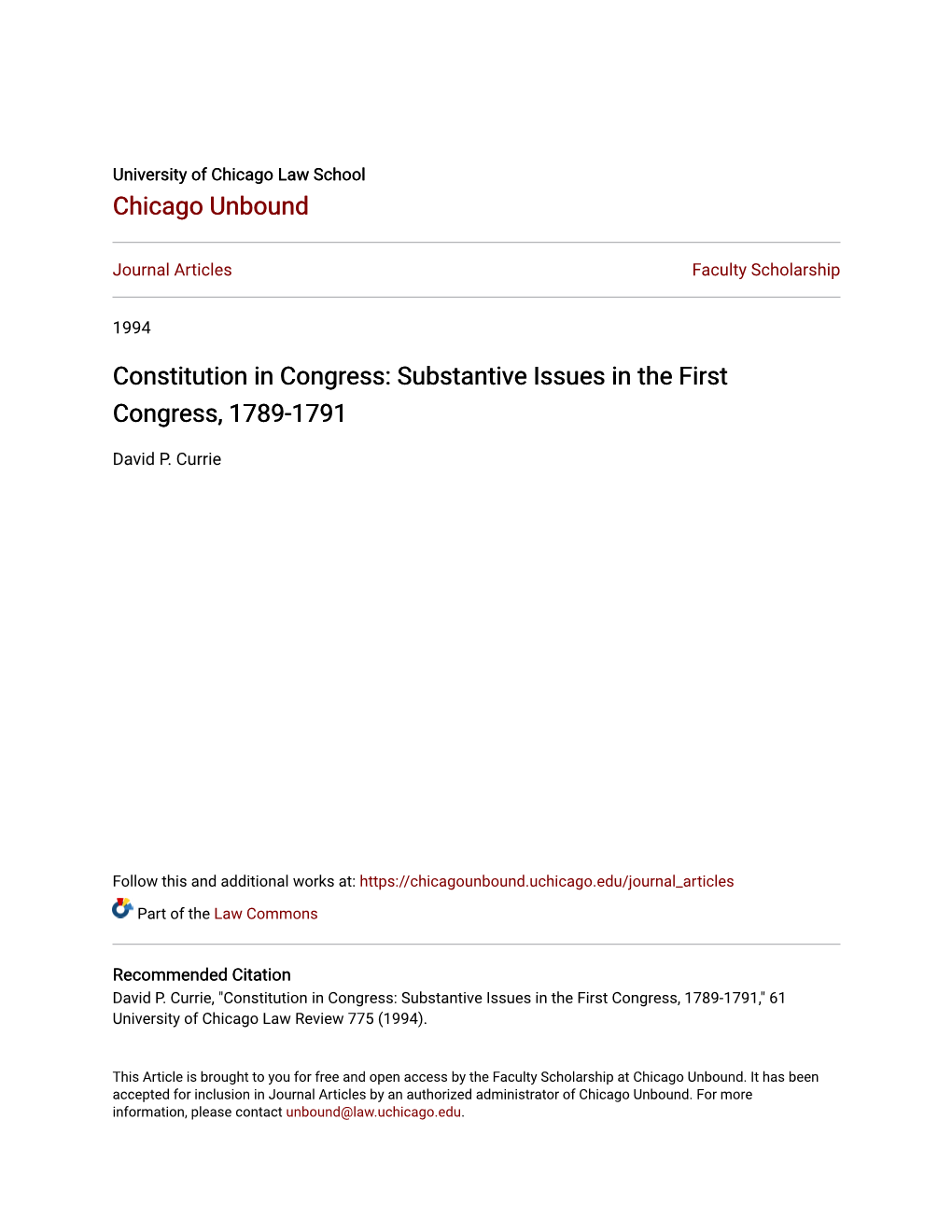 Substantive Issues in the First Congress, 1789-1791