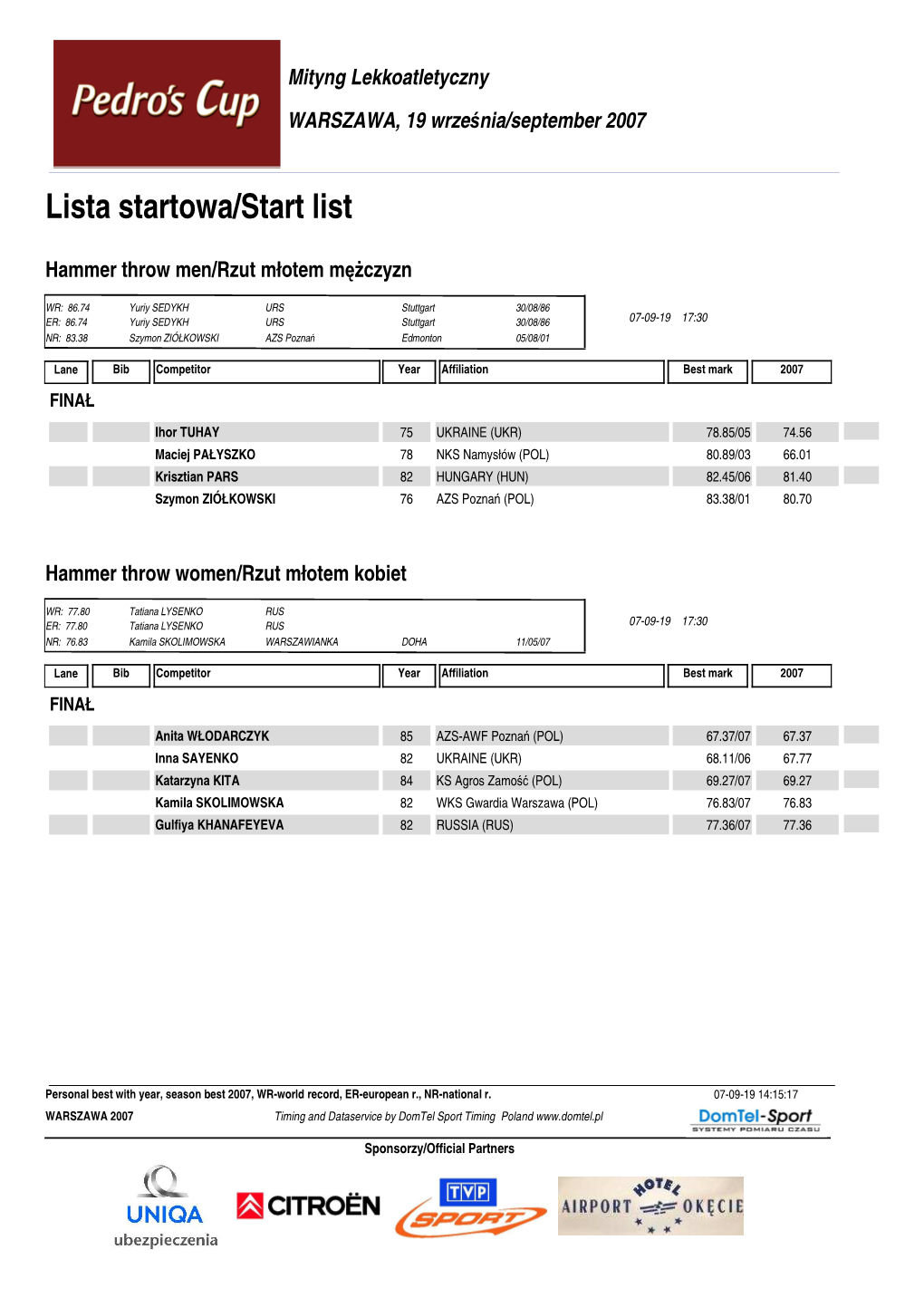 Lista Startowa/Start List