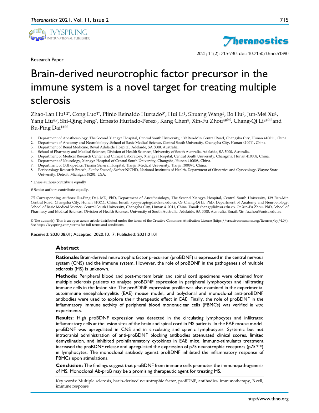 Theranostics Brain-Derived Neurotrophic Factor Precursor in the Immune System Is a Novel Target for Treating Multiple Sclerosis