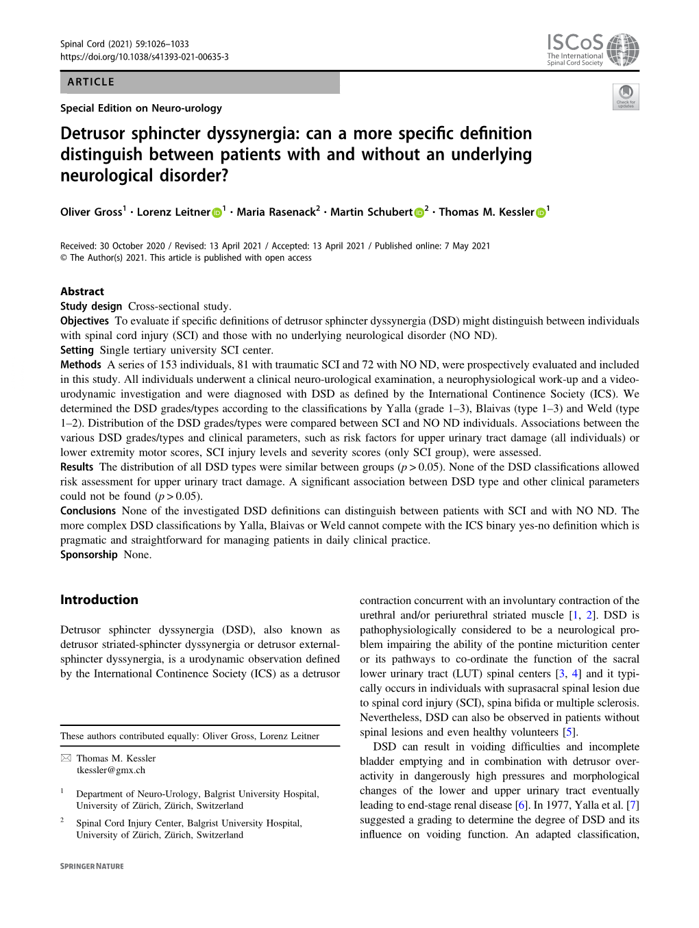 Detrusor Sphincter Dyssynergia: Can a More Speciﬁcdeﬁnition Distinguish Between Patients with and Without an Underlying Neurological Disorder?