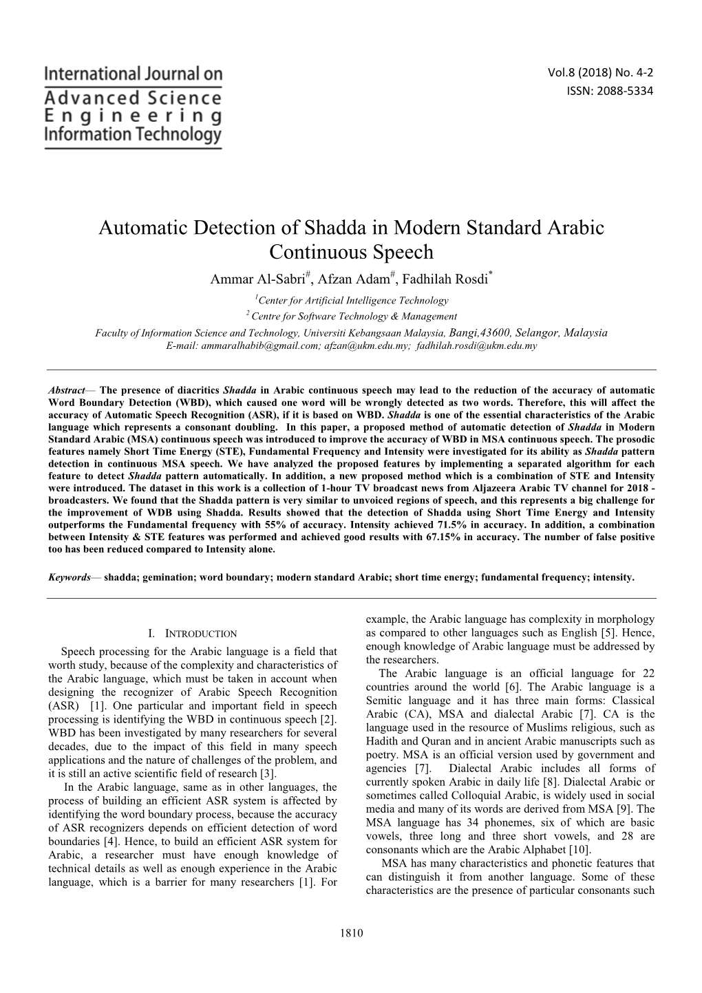 Automatic Detection of Shadda in Modern Standard Arabic