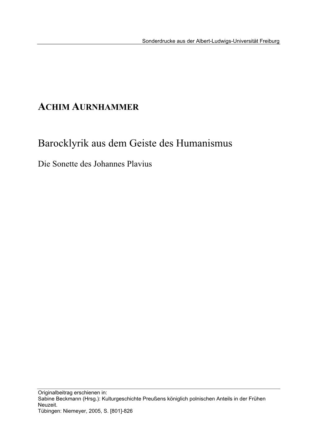 Barocklyrik Aus Dem Geiste Des Humanismus