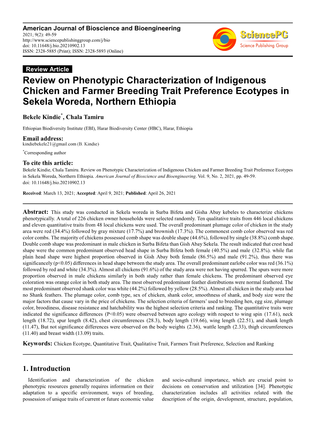 Review on Phenotypic Characterization of Indigenous Chicken and Farmer Breeding Trait Preference Ecotypes in Sekela Woreda, Northern Ethiopia