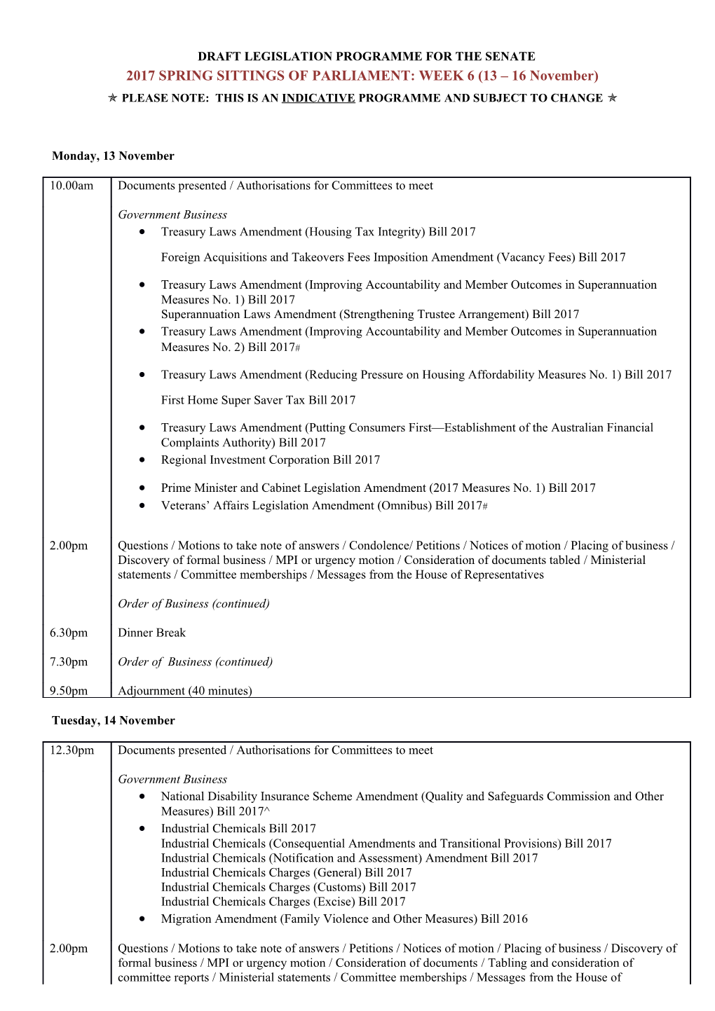 Draft Legislation Programme for the Senate