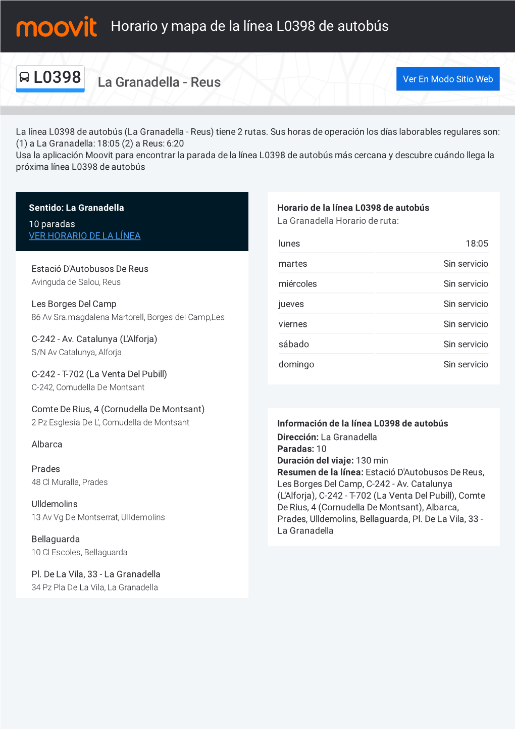 Horario Y Mapa De La Ruta L0398 De Autobús