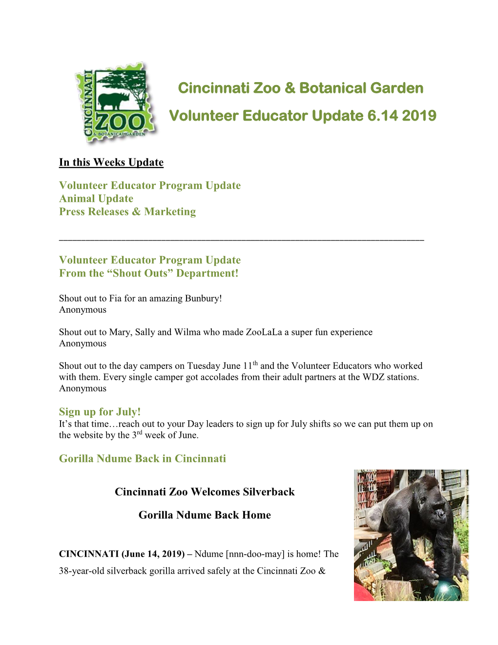 Cincinnati Zoo & Botanical Garden Volunteer Educator Update 6.14 2019