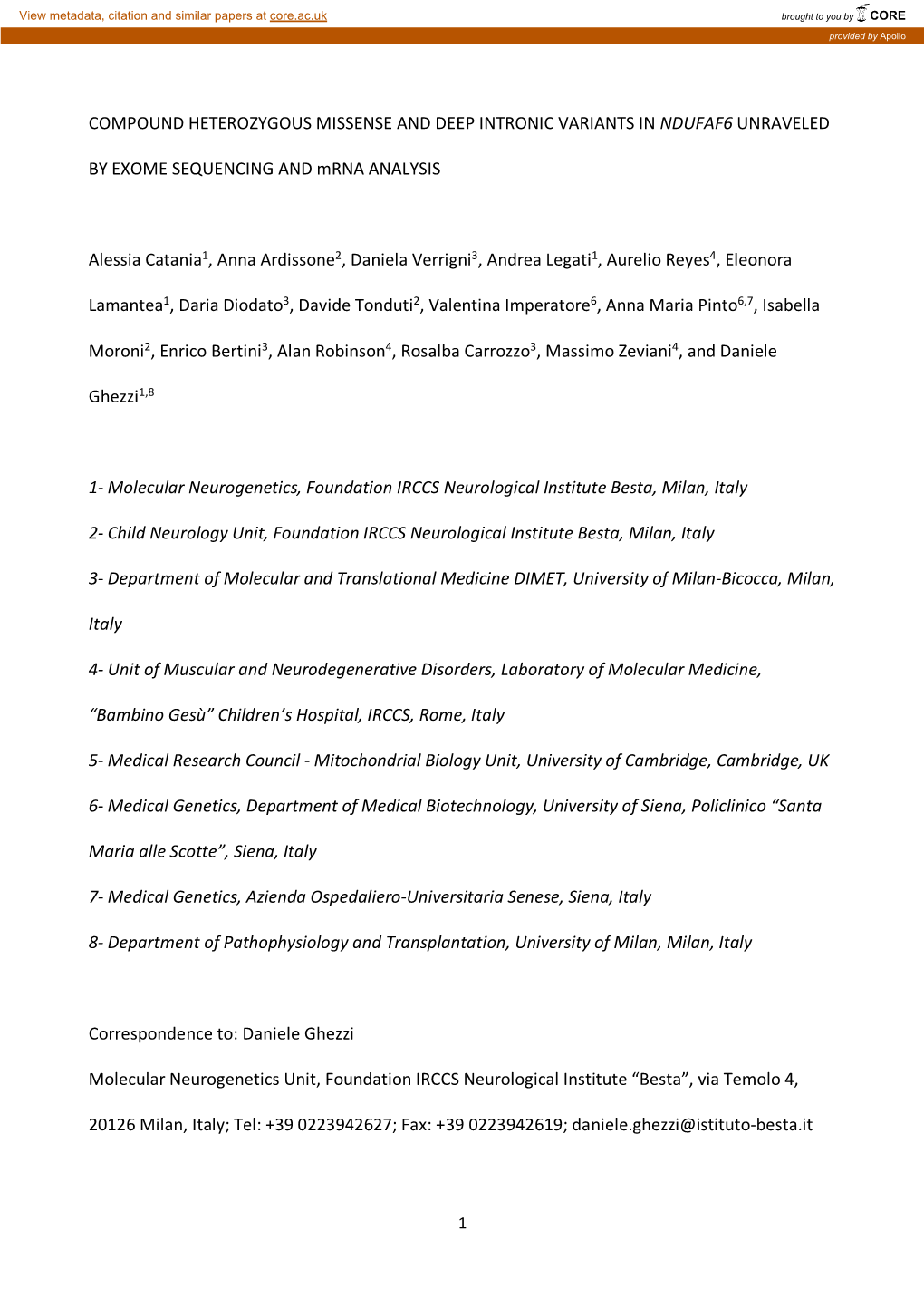 COMPOUND HETEROZYGOUS MISSENSE and DEEP INTRONIC VARIANTS in NDUFAF6 UNRAVELED by EXOME SEQUENCING and Mrna ANALYSIS Alessia