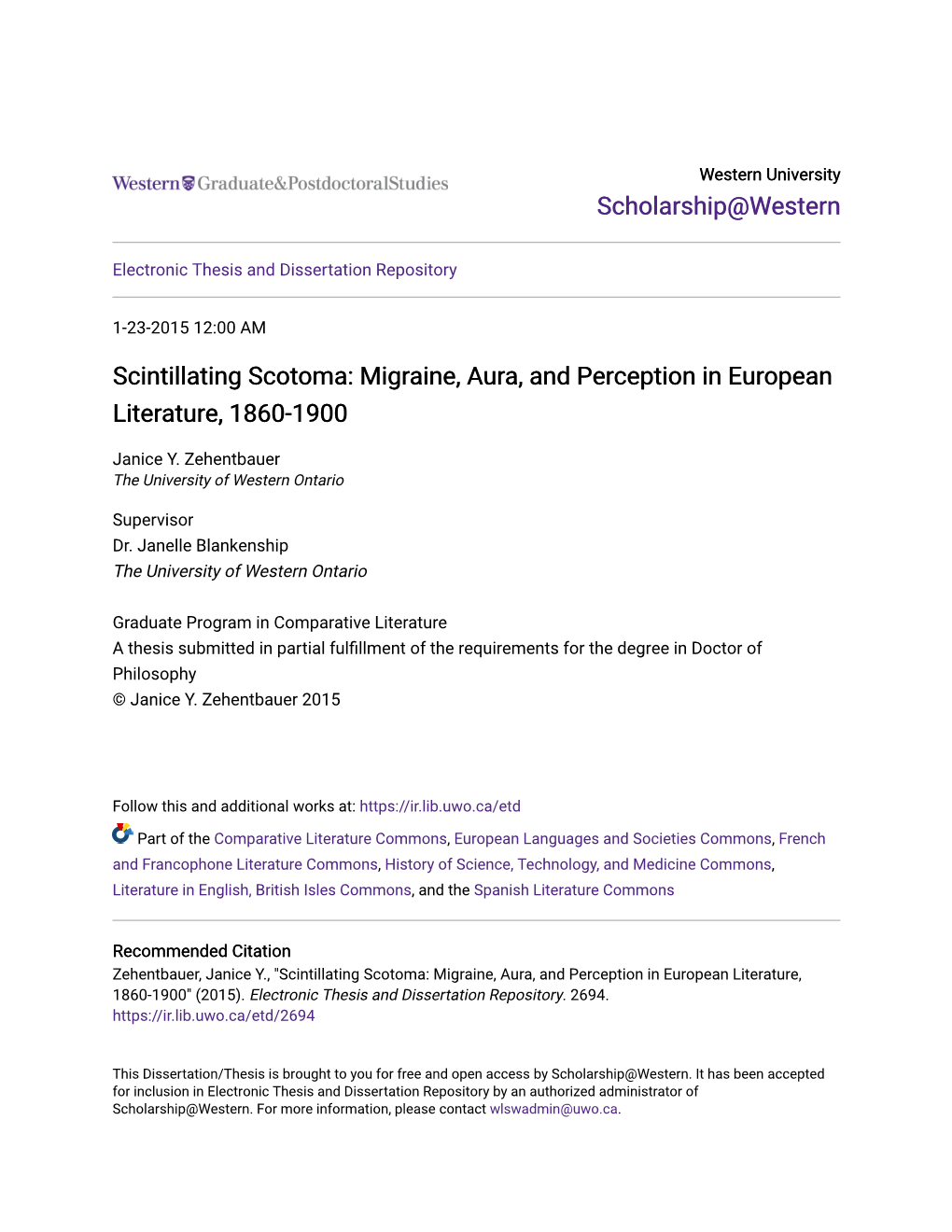 Migraine, Aura, and Perception in European Literature, 1860-1900