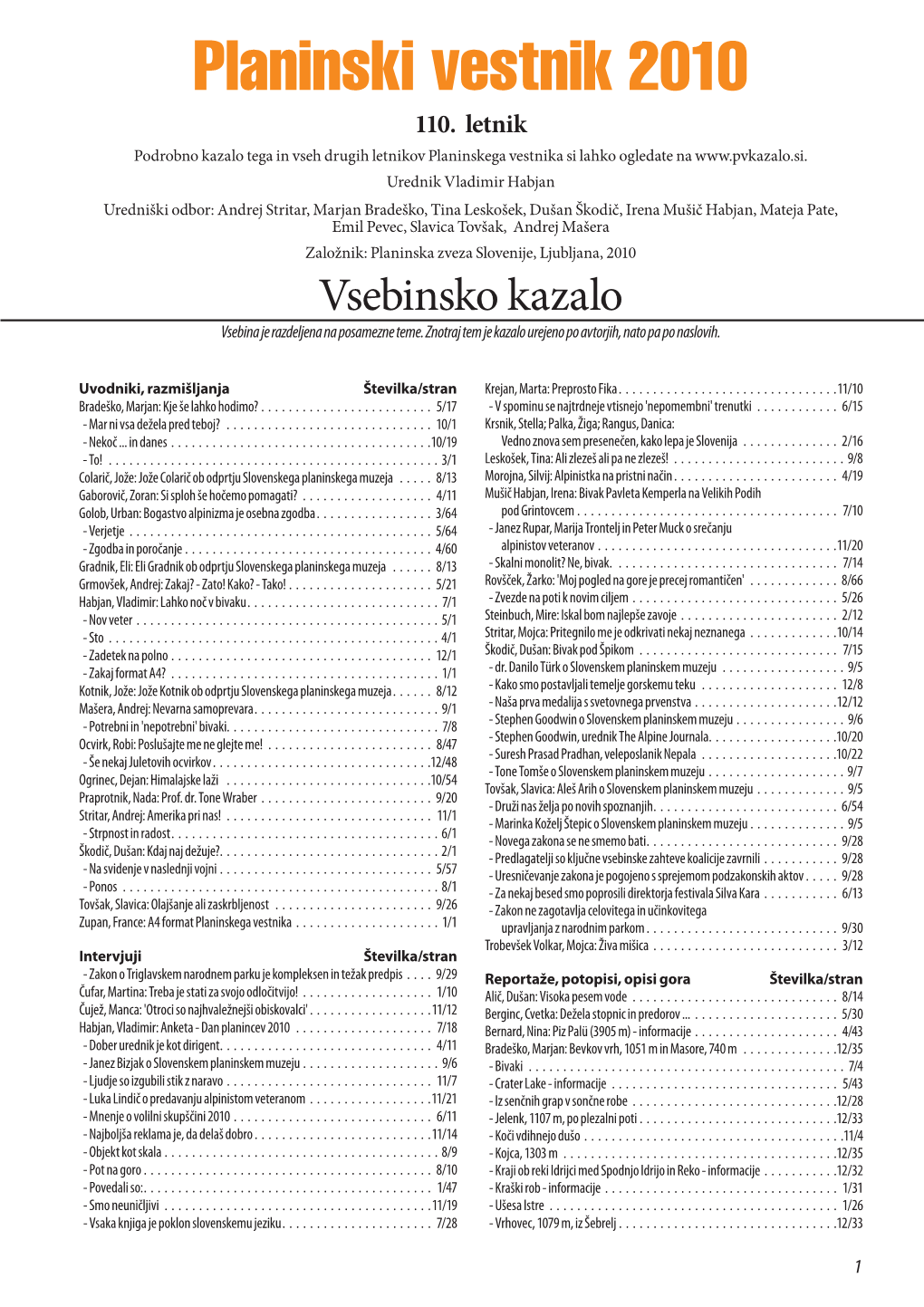 Kazalo Tega in Vseh Drugih Letnikov Planinskega Vestnika Si Lahko Ogledate Na