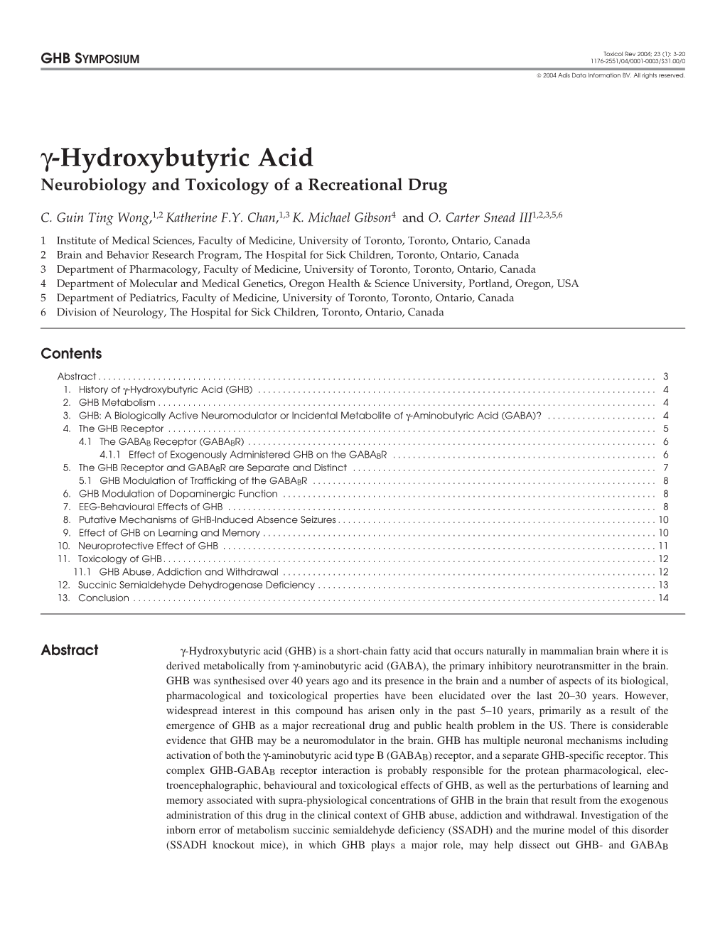 Toxicol Rev 2004; 23 (1): 3-20 GHB SYMPOSIUM 1176-2551/04/0001-0003/$31.00/0