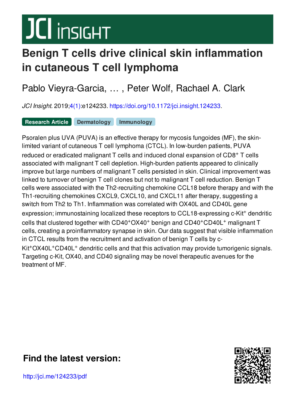 Benign T Cells Drive Clinical Skin Inflammation in Cutaneous T Cell Lymphoma