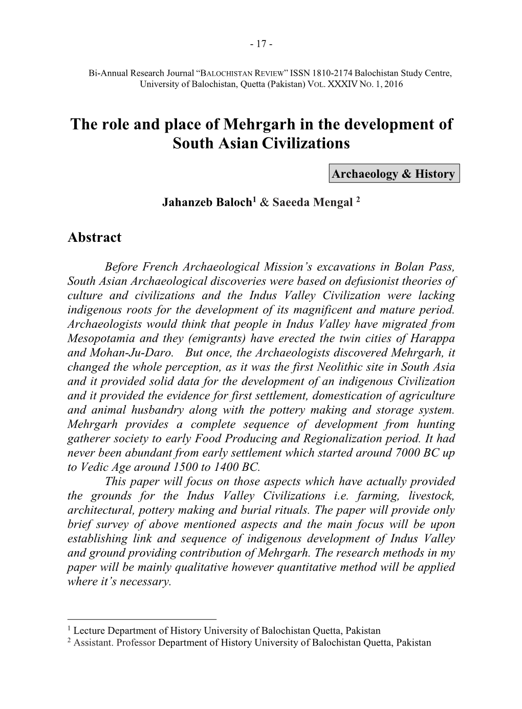 The Role and Place of Mehrgarh in the Development of South Asian Civilizations