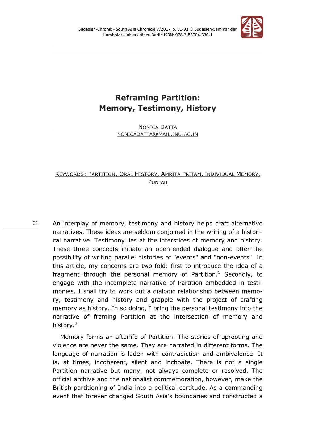 Reframing Partition: Memory, Testimony, History