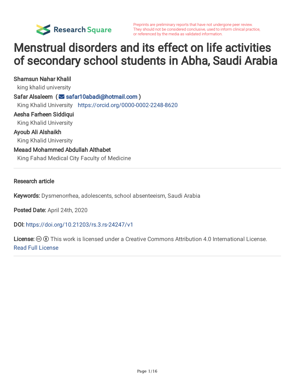 Menstrual Disorders and Its Effect on Life Activities of Secondary School Students in Abha, Saudi Arabia