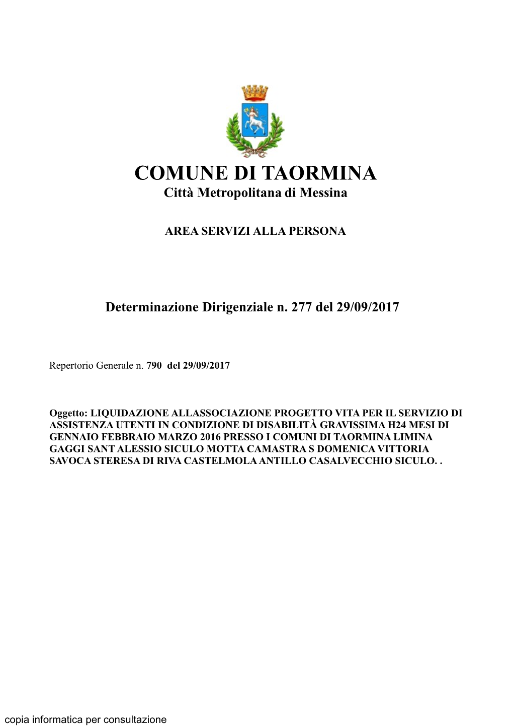 COMUNE DI TAORMINA Città Metropolitana Di Messina