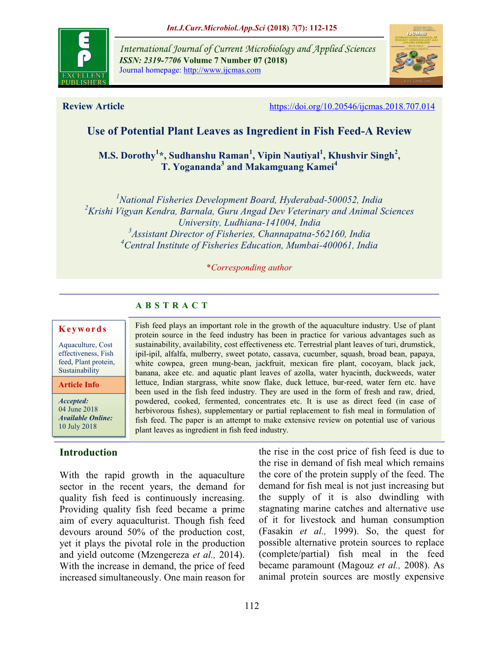 Use of Potential Plant Leaves As Ingredient in Fish Feed-A Review