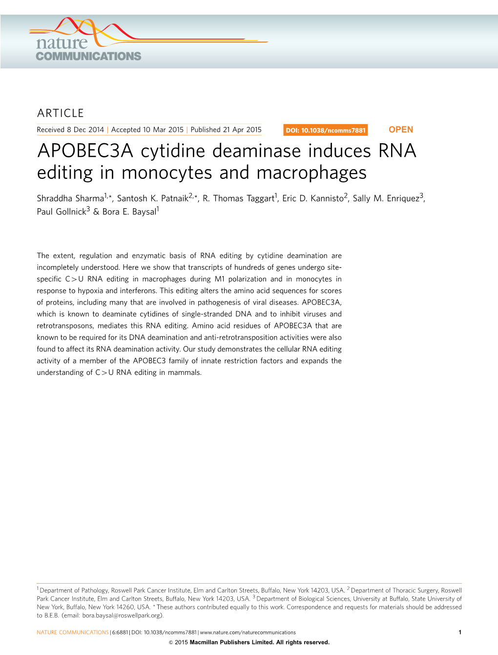 APOBEC3A Cytidine Deaminase Induces RNA Editing in Monocytes and Macrophages