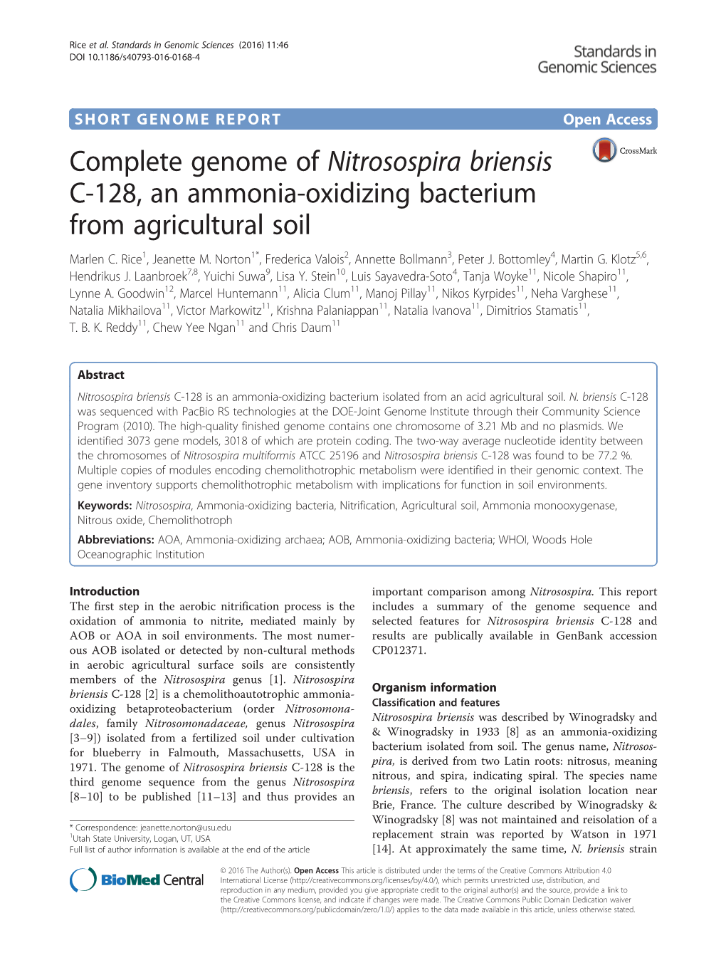 Complete Genome of Nitrosospira Briensis C-128, an Ammonia-Oxidizing Bacterium from Agricultural Soil Marlen C