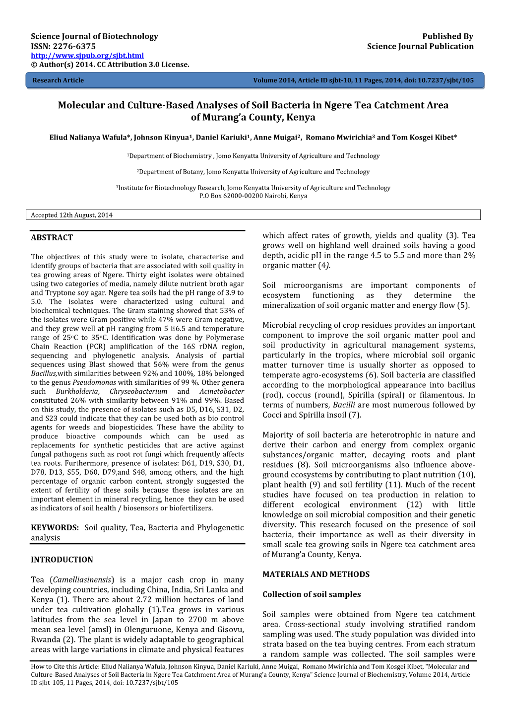 Molecular and Culture-Based Analyses of Soil Bacteria in Ngere Tea Catchment Area of Murang’A County, Kenya