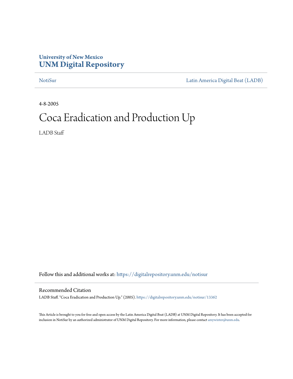 Coca Eradication and Production up LADB Staff