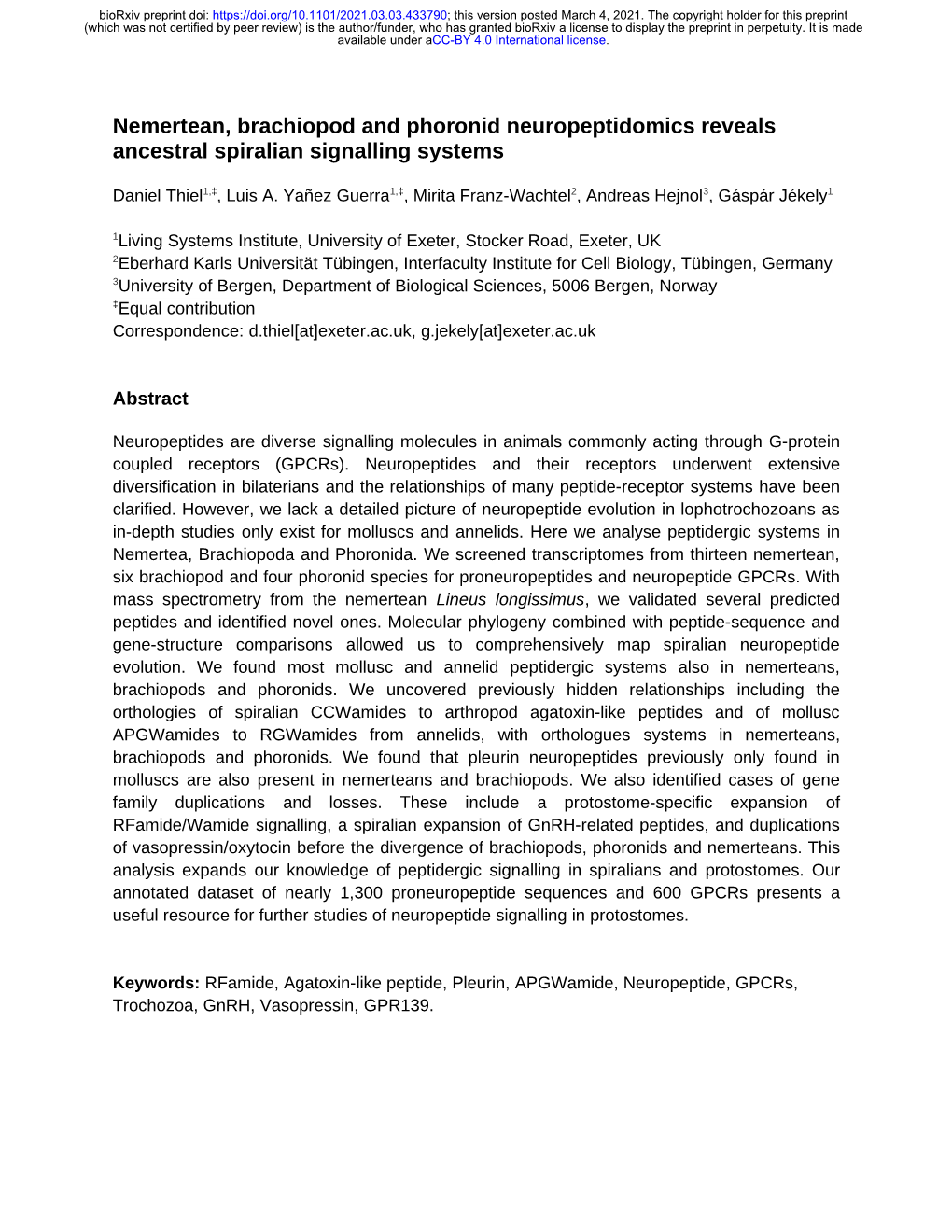 Nemertean, Brachiopod and Phoronid Neuropeptidomics Reveals Ancestral Spiralian Signalling Systems