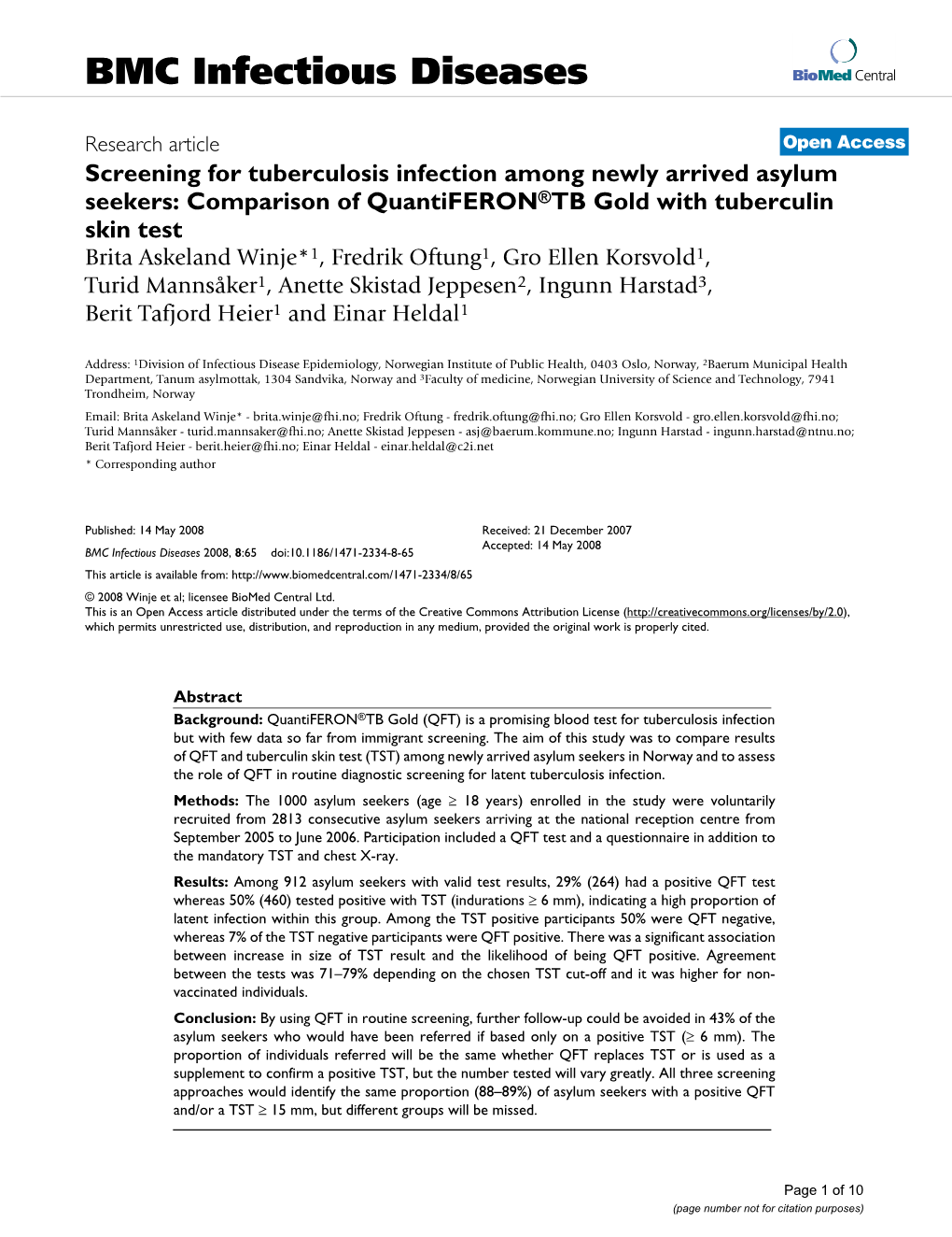 Screening for Tuberculosis Infection Among Newly Arrived Asylum