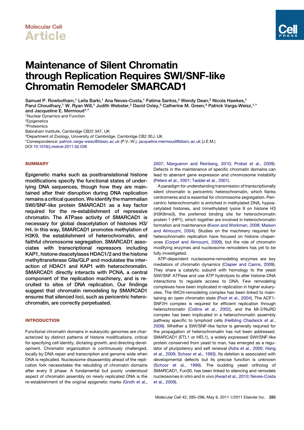 Maintenance of Silent Chromatin Through Replication Requires SWI/SNF-Like Chromatin Remodeler SMARCAD1