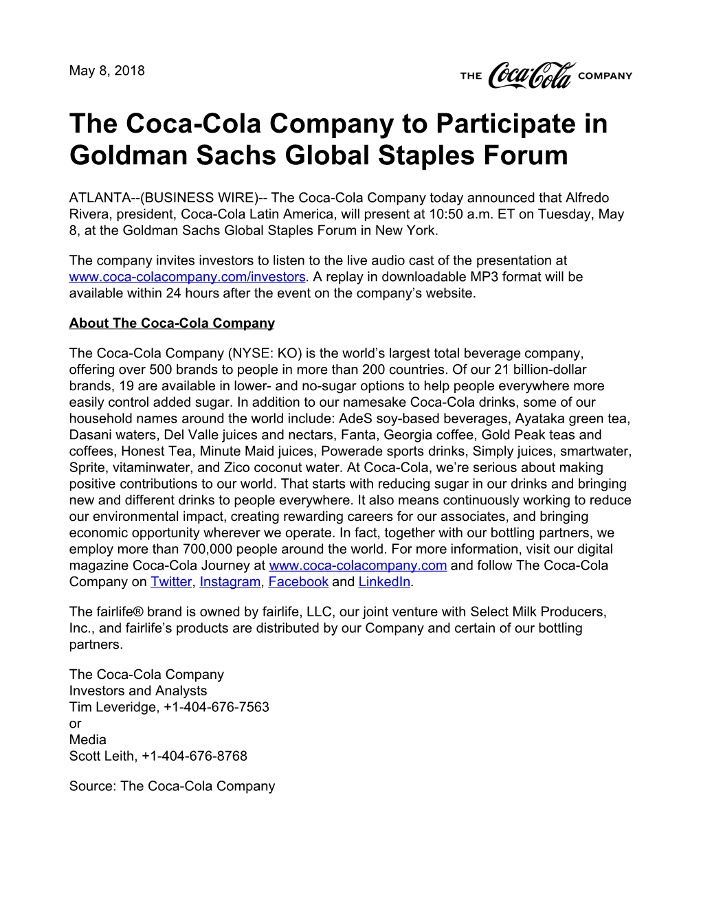 The Coca-Cola Company to Participate in Goldman Sachs Global Staples Forum