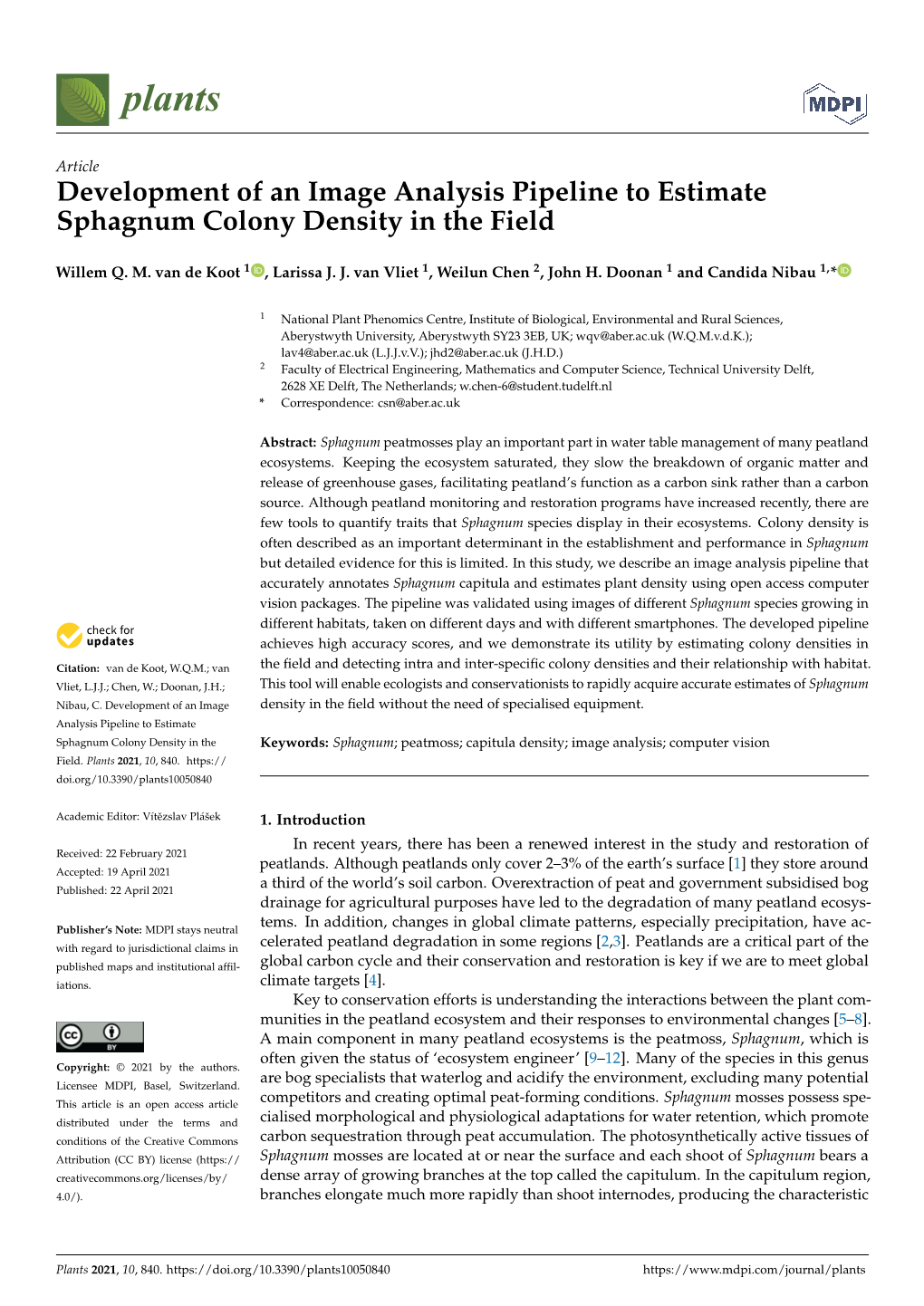 Development of an Image Analysis Pipeline to Estimate Sphagnum Colony Density in the Field