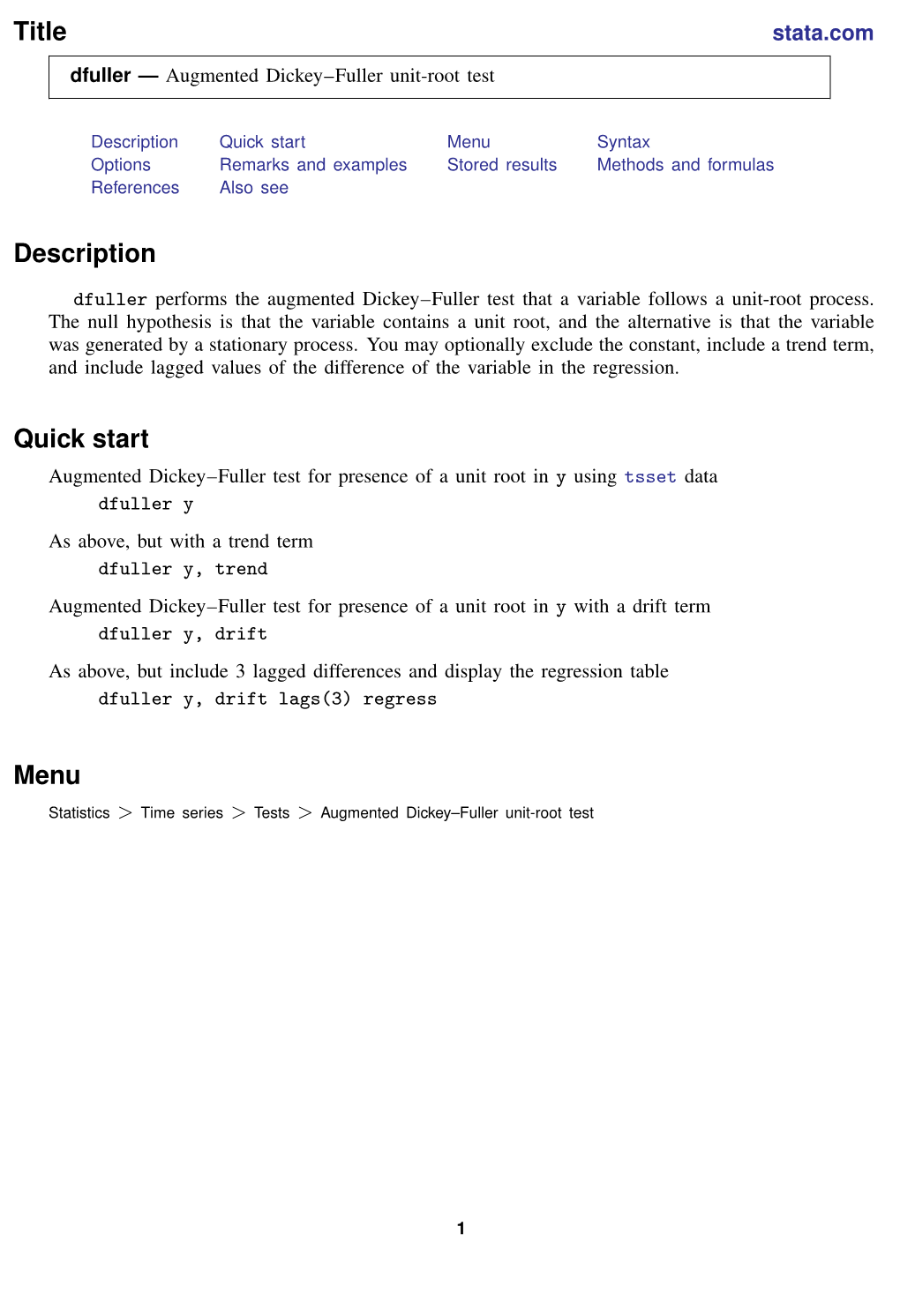 Dfuller — Augmented Dickey–Fuller Unit-Root Test